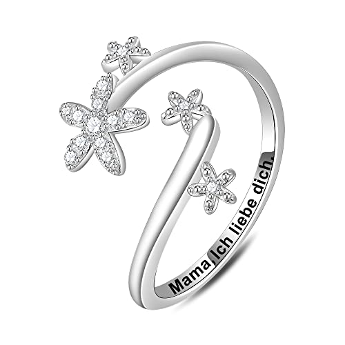 ENGRAWELRY Damen Offener Ring Gravur Mama Ich liebe dich Silber 925 Kristallschmuck Blumen Originell Geschenk für Weihnachten Muttertag Geburtstag von ENGRAWELRY