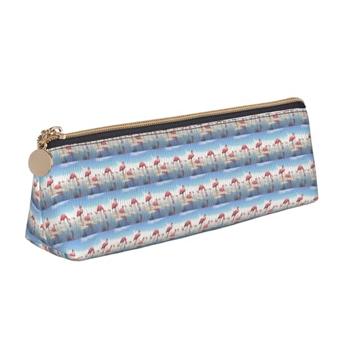 ENGhjes Federmäppchen aus Leder, Motiv: rosa Flamingos am Strand, niedlicher Reißverschluss, Federmäppchen, Schreibwaren-Tasche für Jungen und Mädchen, Geschenk zum Schulanfang, weiß, Einheitsgröße von ENGhjes