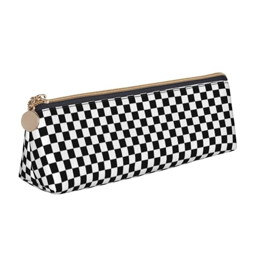 ENGhjes Federmäppchen aus Leder, mit kariertem Streifendruck, niedliches Reißverschluss-Federmäppchen, Schreibwaren-Tasche für Jungen und Mädchen, Geschenk zum Schulanfang, Schwarz und Weiß, weiß von ENGhjes