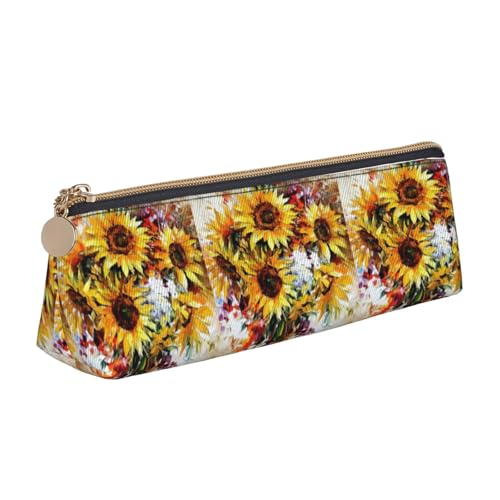 ENGhjes Federmäppchen aus Leder mit Ölgemälde-Sonnenblumen-Druck, niedliches Federmäppchen mit Reißverschluss, Schreibwaren-Tasche für Jungen und Mädchen, Geschenk zum Schulanfang, weiß, Einheitsgröße von ENGhjes
