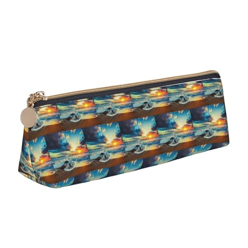 ENGhjes Federmäppchen aus Leder mit Sonnenuntergang und Strand, niedliches Federmäppchen mit Reißverschluss, Schreibwaren-Tasche für Jungen und Mädchen, Geschenk zum Schulanfang, weiß, Einheitsgröße von ENGhjes