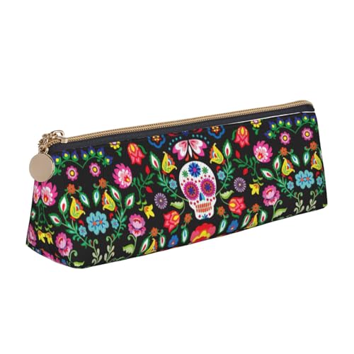 ENGhjes Federmäppchen aus Leder mit Zucker- und Totenkopf- und Blumendruck, niedliches Federmäppchen mit Reißverschluss, Schreibwarenbeutel für Jungen und Mädchen, Geschenk zum Schulanfang, weiß von ENGhjes