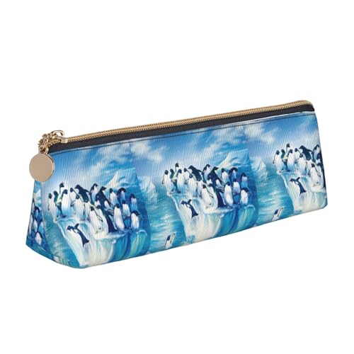 Federmäppchen aus Leder mit Pinguine auf Eisberg, niedliches Federmäppchen mit Reißverschluss, Schreibwaren-Tasche für Jungen und Mädchen, Geschenk zum Schulanfang, weiß, Einheitsgröße, Kosmetiktasche von ENGhjes