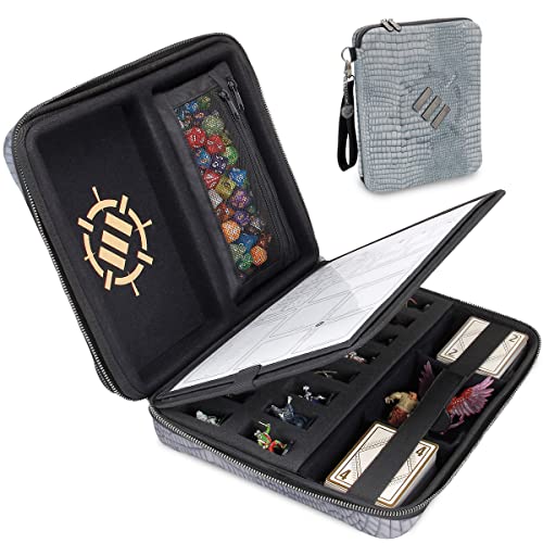 ENHANCE RPG-Organizer-Etui, Sammleredition – DND-Ordner mit integriertem Charakterbogenhalter, Würfelrollbereich, herausnehmbarer Stifttasche, Miniatur-Schaumstoffablage (Drachen Silber) von ENHANCE