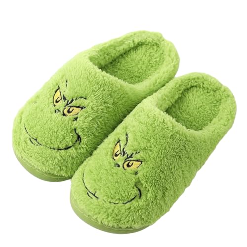 ENIXWH Grinch Hausschuhe Weihnachten Glückliche Hausschuhe für Damen Herren Lustige Plüsch Winter Warme Flauschige Slippers (A, Erwachsene, Damen, 39, Numerisch (von/bis), EU Schuhgrößensystem, 40, M) von ENIXWH