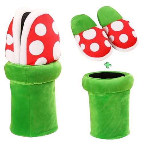 ENIXWH Hausschuhe Piranha Plants Plüsch Puppe Flauschige Cosplay Slippers mit Pipe Topflappen für Kinder Erwachsener Damen Lustige Winter von ENIXWH