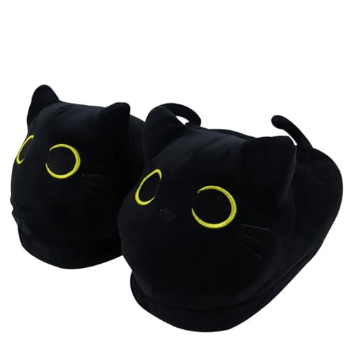 ENIXWH Hausschuhe Schwarze Katze Plüsch Puppe Tier Flauschige Slippers für Kinder Erwachsener Damen Lustige Winter von ENIXWH