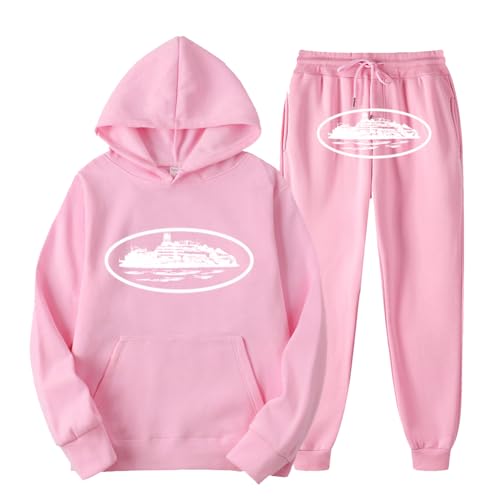 ENJMEIAO Corteiz Trainingsanzug Herren Damen Kapuzenpullover & Sweathose 2-teiliges Set Retro Hip Hop Samtfutter Hoodie Sweatshirt mit Kapuze Und Jogginghose Rosa 2# S von ENJMEIAO