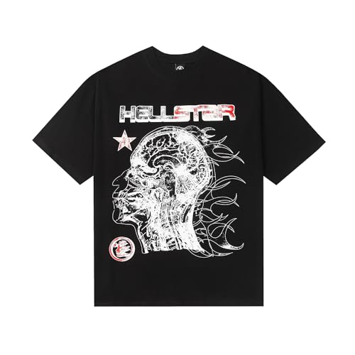 Hellstar Herren Damen Retro Y2K Drucken T-Shirts Straße Mode Hip Hop 100% Baumwolle Loose Fit Kurzarms Rundhals T Shirt 4# Schwarz M von ENJMEIAO