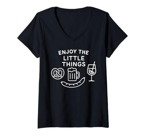 Damen Enjoy The Little Things Oktoberfest Spritz Bier Wurst Brezel T-Shirt mit V-Ausschnitt von ENJOY THE LITTLE THINGS X BIER WÜRSTL BREZN SPRITZ