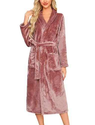 ENJOYNIGHT Bademantel Damen Flauschig Morgenmantel Kuschel Fleece Hausmantel Lang Warm Robe (X-Large,Graubraun) von ENJOYNIGHT