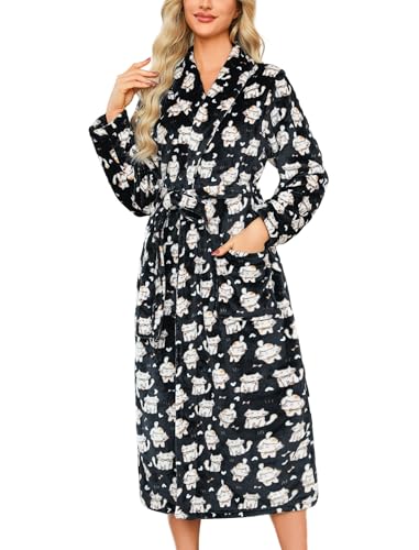 ENJOYNIGHT Bademantel Damen Flauschig Morgenmantel Kuschel Fleece Hausmantel Lang Warm Robe (X-Large,Schwarz-Katze) von ENJOYNIGHT