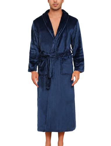 ENJOYNIGHT Bademantel Herren Flauschig Fleece Morgenmantel Kuschelweich Saunamantel Nachtwäsche (Large,Dunkelblau) von ENJOYNIGHT