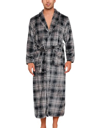 ENJOYNIGHT Bademantel Herren Flauschig Fleece Morgenmantel Kuschelweich Saunamantel Nachtwäsche (Large,Grau Kariert) von ENJOYNIGHT