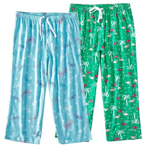 ENJOYNIGHT Damen Schlafanzughose 3/4 Lang Pyjamahose Baumwolle Nachtwäsche Schlafhose mit Kordelzug (Medium,Flamingo+Schmetterling) von ENJOYNIGHT