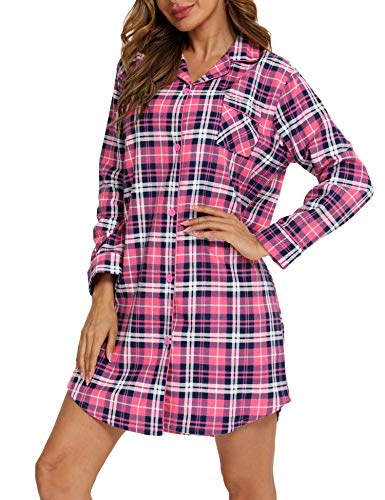 ENJOYNIGHT Damen Flanell Nachthemd Langarm Schlafshirt Knopfleiste Nachtwäsche Kurz S-XXL(Large,Rosa Gitter) von ENJOYNIGHT