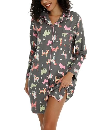 ENJOYNIGHT Damen Flanell Nachthemd Langarm Schlafshirt Knopfleiste Nachtwäsche Kurz S-XXL(XX-Large,Hund) von ENJOYNIGHT