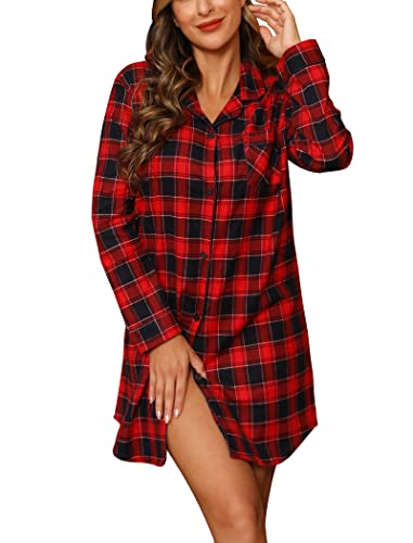 ENJOYNIGHT Damen Flanell Nachthemd Langarm Schlafshirt Knopfleiste Nachtwäsche Kurz S-XXL(XX-Large,Rotes Gitter) von ENJOYNIGHT