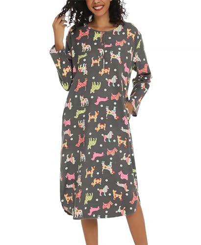 ENJOYNIGHT Damen Lang Flanell Nachthemd Langarm Schlafshirt Knopfleiste Schlafhemd mit Taschen (Large,Grauer Hund) von ENJOYNIGHT