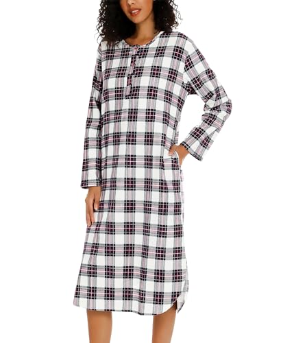 ENJOYNIGHT Damen Lang Flanell Nachthemd Langarm Schlafshirt Knopfleiste Schlafhemd mit Taschen (Large,Graues Gitter) von ENJOYNIGHT