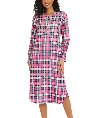 ENJOYNIGHT Damen Lang Flanell Nachthemd Langarm Schlafshirt Knopfleiste Schlafhemd mit Taschen (Medium,Rosa Gitter) von ENJOYNIGHT