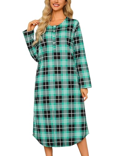 ENJOYNIGHT Damen Lang Flanell Nachthemd Langarm Schlafshirt Knopfleiste Schlafhemd mit Taschen (Medium,Schwarz+Grün) von ENJOYNIGHT