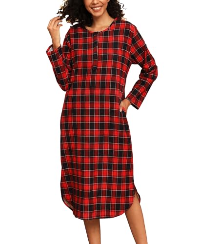 ENJOYNIGHT Damen Lang Flanell Nachthemd Langarm Schlafshirt Knopfleiste Schlafhemd mit Taschen (Small,Rotes Gitter) von ENJOYNIGHT