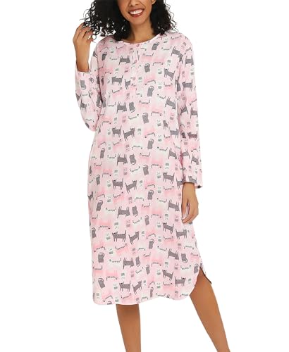 ENJOYNIGHT Damen Lang Flanell Nachthemd Langarm Schlafshirt Knopfleiste Schlafhemd mit Taschen (X-Large,Rosa Katze) von ENJOYNIGHT