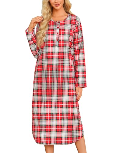 ENJOYNIGHT Damen Lang Flanell Nachthemd Langarm Schlafshirt Knopfleiste Schlafhemd mit Taschen (XX-Large,Rot+Weiß+Grün) von ENJOYNIGHT