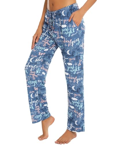 ENJOYNIGHT Damen Schlafanzughose Lang Baumwolle Pyjamahose Print Schlafhose Freizeithose mit Taschen und Kordelzug(Large,Blauer Buchstabe) von ENJOYNIGHT