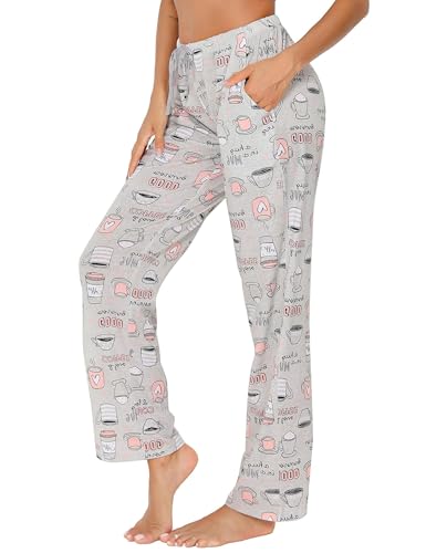 ENJOYNIGHT Damen Schlafanzughose Lang Baumwolle Pyjamahose Print Schlafhose Freizeithose mit Taschen und Kordelzug (Large,Graue Tasse) von ENJOYNIGHT