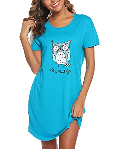 ENJOYNIGHT Damen Nachthemd Baumwolle Kurzarm Schlafhemd T-Shirt Schlafshirt Sommer Nachtwäsche für Lounge (XX-Large,Blaueule) von ENJOYNIGHT