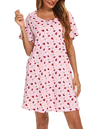 ENJOYNIGHT Damen Nachthemd Baumwolle Kurzarm Schlafhemd T-Shirt Schlafshirt Sommer Nachtwäsche für Lounge (Large-X-Large,Rosa Marienkäfer) von ENJOYNIGHT