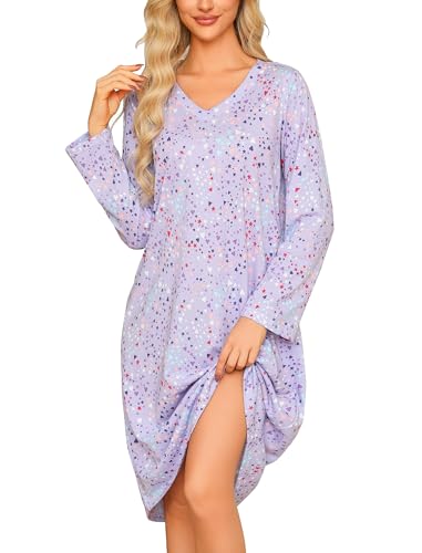 ENJOYNIGHT Damen Nachthemd V-Ausschnitt Baumwolle Schlafshirt Frauen Weiche Schlafhemd Nachtwäsche mit Taschen (XX-Large,Lila Stern) von ENJOYNIGHT