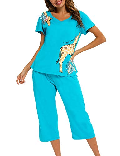 ENJOYNIGHT Schlafanzug Damen Kurz Pyjama Set Kurzarm Top mit 3/4 Lang Schlafhose Zweiteiliger Nachtwäsche S-3XL (3X-Large,Blaue Giraffe) von ENJOYNIGHT