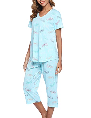 ENJOYNIGHT Schlafanzug Damen Kurz Pyjama Set Kurzarm Top mit 3/4 Lang Schlafhose Zweiteiliger Nachtwäsche S-3XL (3X-Large,Hellblaues Fliegen) von ENJOYNIGHT