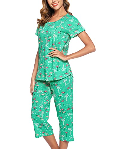 ENJOYNIGHT Schlafanzug Damen Kurz Pyjama Set Kurzarm Top mit 3/4 Lang Schlafhose Zweiteiliger Nachtwäsche S-3XL (3X-Large,Grüner Flamingo) von ENJOYNIGHT