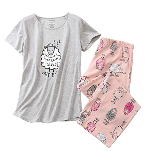 ENJOYNIGHT Schlafanzug Damen Kurz Pyjama Set Kurzarm Top mit 3/4 Lang Schlafhose Zweiteiliger Nachtwäsche S-3XL (3X-Large,Schafe) von ENJOYNIGHT