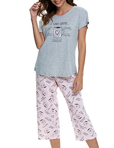 ENJOYNIGHT Schlafanzug Damen Kurz Pyjama Set Kurzarm Top mit 3/4 Lang Schlafhose Zweiteiliger Nachtwäsche S-3XL (Large,Herz Tasse) von ENJOYNIGHT