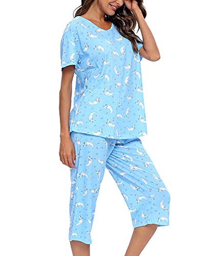 ENJOYNIGHT Schlafanzug Damen Kurz Pyjama Set Kurzarm Top mit 3/4 Lang Schlafhose Zweiteiliger Nachtwäsche S-3XL (Large,Mond) von ENJOYNIGHT