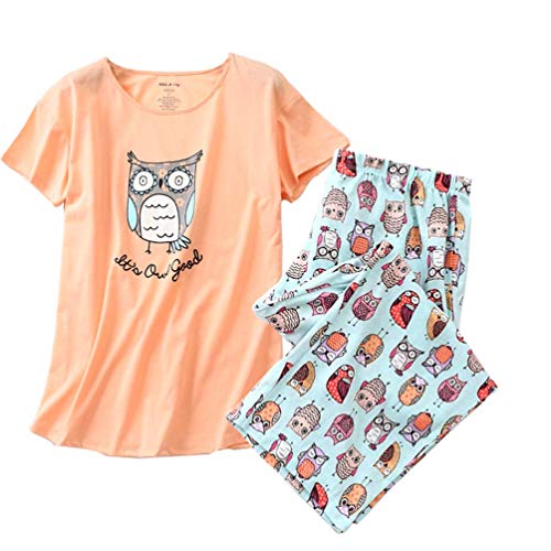 ENJOYNIGHT Schlafanzug Damen Kurz Pyjama Set Kurzarm Top mit 3/4 Lang Schlafhose Zweiteiliger Nachtwäsche S-3XL (XX-Large,Orange-Eule) von ENJOYNIGHT