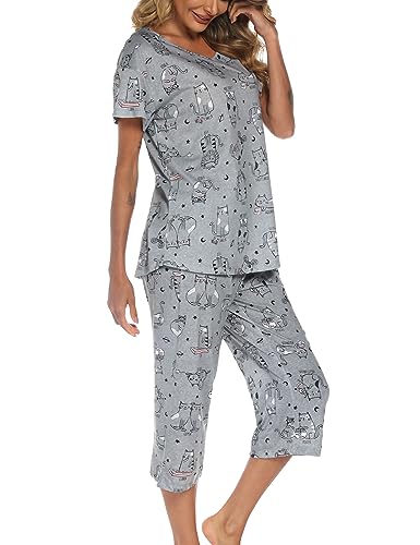 ENJOYNIGHT Schlafanzug Damen Kurz Pyjama Set Kurzarm Top mit 3/4 Lang Schlafhose Zweiteiliger Nachtwäsche S-3XL (Large,Katze) von ENJOYNIGHT