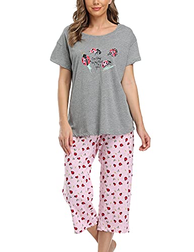 ENJOYNIGHT Schlafanzug Damen Kurz Pyjama Set Kurzarm Top mit 3/4 Lang Schlafhose Zweiteiliger Nachtwäsche S-3XL (Medium,Grauer Marienkäfer) von ENJOYNIGHT