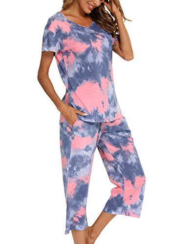 ENJOYNIGHT Damen Schlafanzug Baumwolle Sommer Kurz Pyjama Set Kurzarm Shirt mit 3/4 Lange Capri Hose Nachtwäsche (3X-Large,Blau Rosa) von ENJOYNIGHT