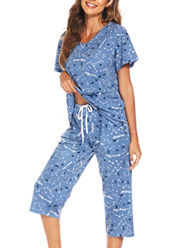 ENJOYNIGHT Damen Schlafanzug Baumwolle Sommer Kurz Pyjama Set Kurzarm Shirt mit 3/4 Lange Capri Hose Nachtwäsche (3X-Large,Blauer Mondstern) von ENJOYNIGHT