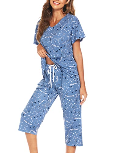 ENJOYNIGHT Damen Schlafanzug Baumwolle Sommer Kurz Pyjama Set Kurzarm Shirt mit 3/4 Lange Capri Hose Nachtwäsche (Large,Blauer Mondstern) von ENJOYNIGHT