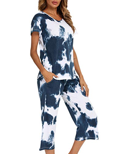 ENJOYNIGHT Damen Schlafanzug Baumwolle Sommer Kurz Pyjama Set Kurzarm Shirt mit 3/4 Lange Capri Hose Nachtwäsche (Large,Marine) von ENJOYNIGHT