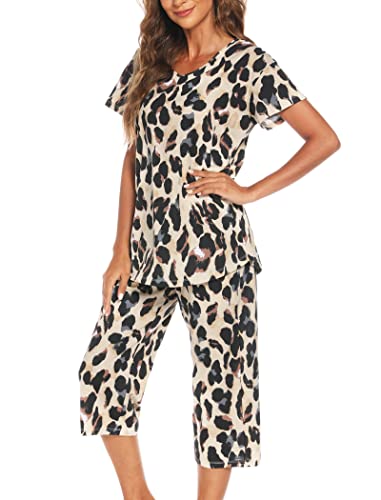 ENJOYNIGHT Damen Schlafanzug Baumwolle Sommer Kurz Pyjama Set Kurzarm Shirt mit 3/4 Lange Capri Hose Nachtwäsche (Medium,Leichter Leopard) von ENJOYNIGHT