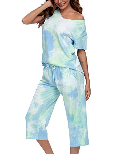 ENJOYNIGHT Damen Schlafanzug Baumwolle Sommer Kurz Pyjama Set Kurzarm Shirt mit 3/4 Lange Capri Hose Nachtwäsche (Small,Blau-Tie dye) von ENJOYNIGHT