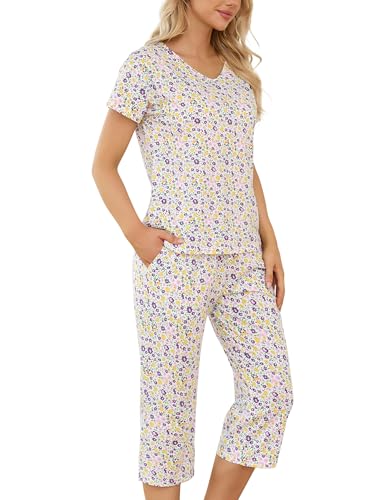 ENJOYNIGHT Damen Schlafanzug Baumwolle Sommer Kurz Pyjama Set Kurzarm Shirt mit 3/4 Lange Capri Hose Nachtwäsche (Small,Lila Blume) von ENJOYNIGHT
